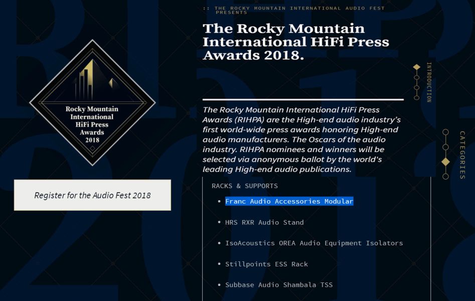 Nominacja dla Franc Audio Accessories (The Rocky Mountain International HiFi Press Awards 2018)